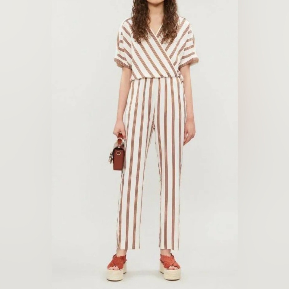 Maje Pieni Stripe Jumpsuit Brown and White Short Sleeve